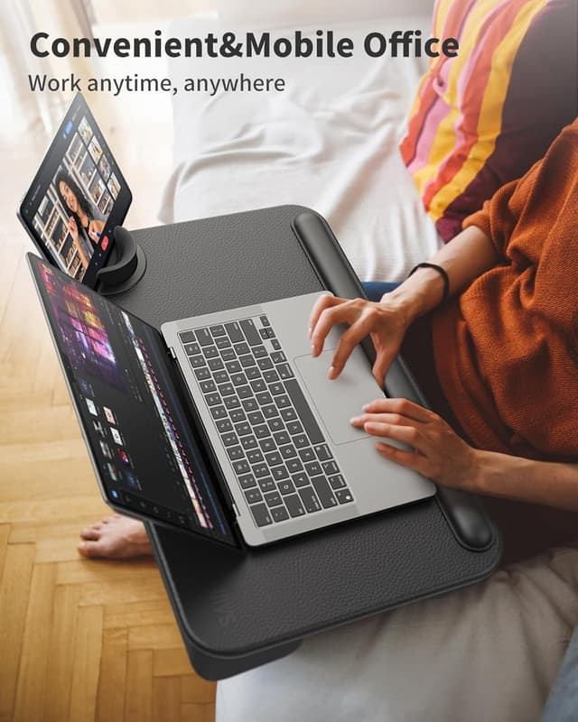 Detalle de SAIJI large leather desktop laptop tray with phone holder and wrist rest (supports up to 17-inch laptops)