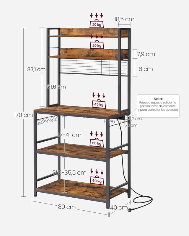 Detalle 1 de VASAGLE Estantería de Cocina con Toma de Corriente ⚡