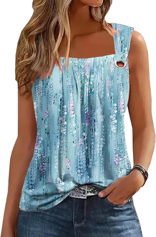 Detalle de Summer Tank Tops for Women Pleated Square Neck O-Ring Shoulder Tank Tees