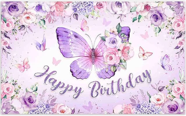 Detalle de Luminora 72x43 inch Purple Butterfly Happy Birthday backdrop (watercolour floral pink rose)