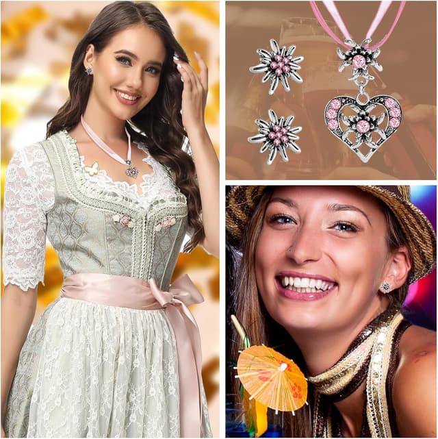 Detalle de APMGONT 3-teiliges Bayerisch Dirndlschmuck-Set: Trachtenkette mit Edelweiß & Herz-Anhänger plus Ohrstecker