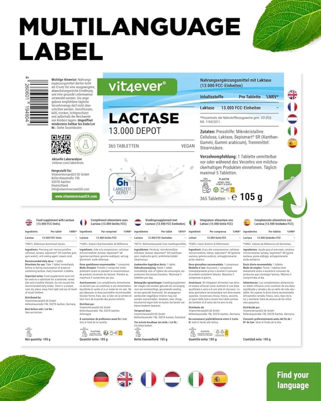 Detalle 2 de vit4ever Laktase 13.000 Depot – 365 Tabletten mit Sepismart® Slow Release (vegan)