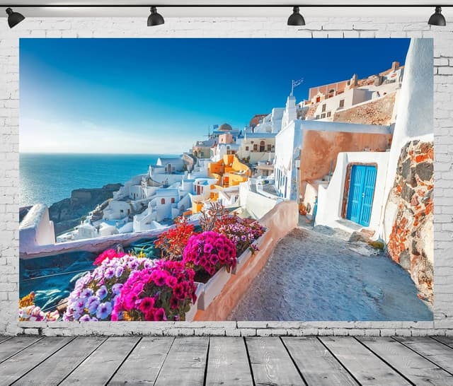 Detalle de BELECO 2.1 x 1.5m Greece Santorini Island Fabric Backdrop (White Houses & Aegean Sea)