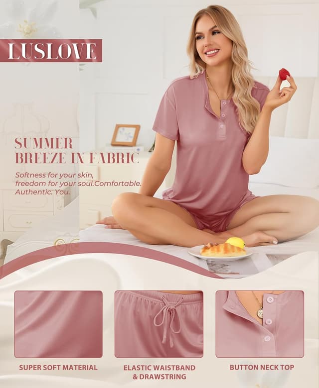 Detalle de LUSLOVE Damen Schlafanzüge Pyjama Kurz-Set (V-Ausschnitt & Shorts) für den Sommer