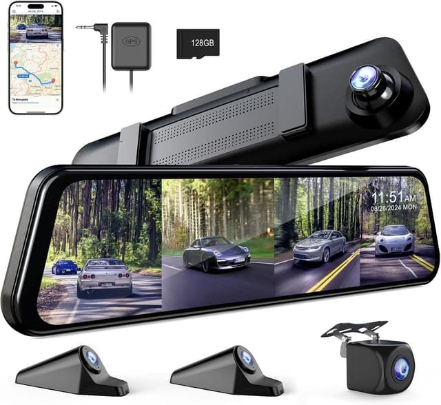 Detalle de 360 Degree View 4-Channel Mirror Dash Cam with Detached Cameras (Front + Left/Right Side + Rear) — 12" Rearview Mirror, WiFi, GPS, Night Vision, Parking Monitor