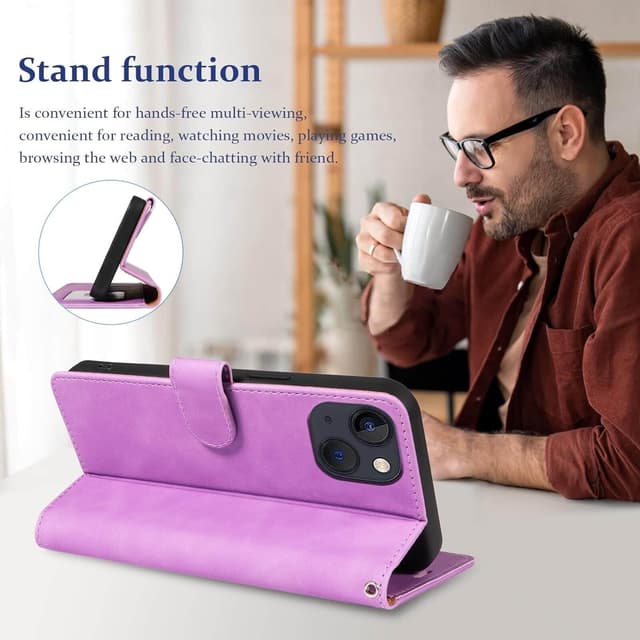 Detalle de GOTOURED Handyhülle für iPhone 13 mit Klappfunktion, RFID-Blockierung, Kartenfächern, Handgelenksgurt und Stand (Lila)