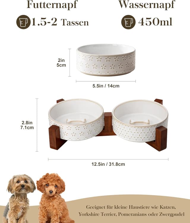 Detalle 2 de MALACASA Keramik-Hundenapf mit Walnussholz-Ständer, 450 ml Doppelschalen für Hund & Katze