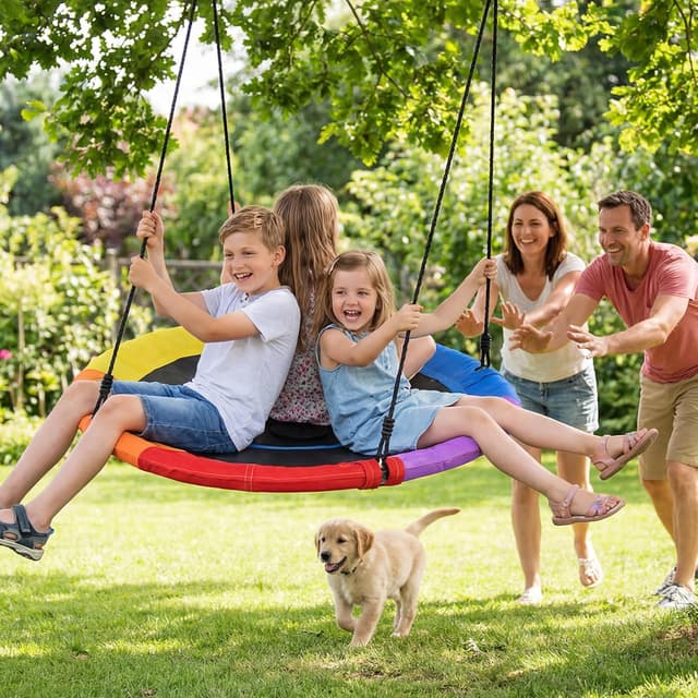 Detalle de Trekassy Nestschaukel Outdoor 120 cm – Tellerschaukel für bis zu 300 kg mit 2 Schaukelgurten (900D, wasserfest)