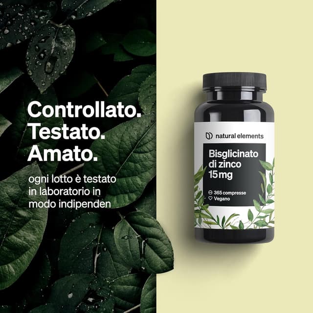 Detalle 2 de Natural Elements Zinco Integratore – 15 mg, 365 compresse vegan per acne e brufoli (bisglicinato di zinco)