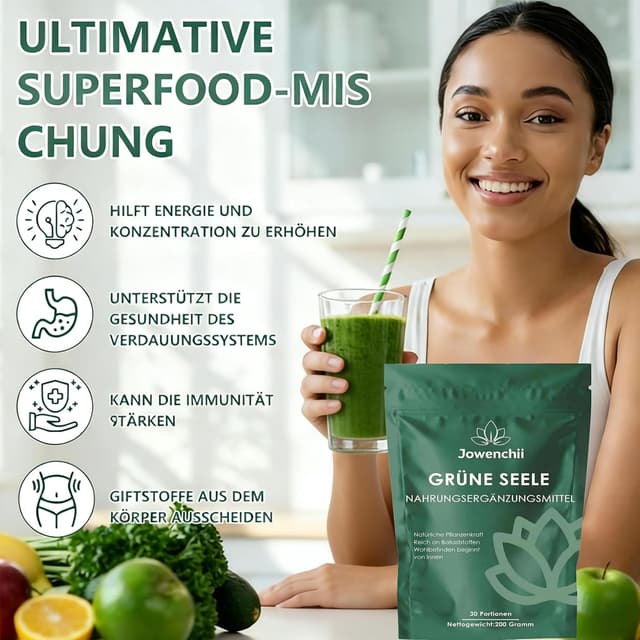 Detalle de Grüne Entgiftungspulver 200 g: Superfood-Mischung mit Matcha, Gerstengras, Heidelbeeren & Dulse