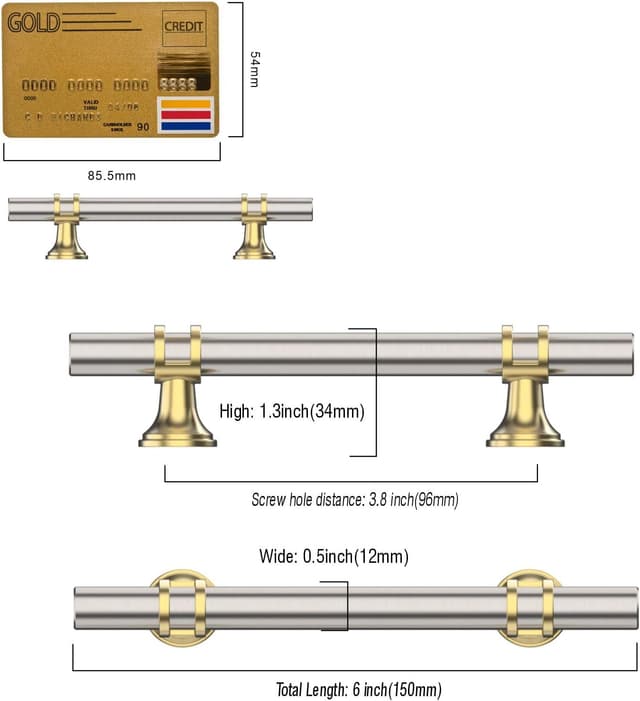 Detalle 2 de Amerdeco 10 pezzi maniglie per mobili nichel spazzolato e dorato, foro 96 mm