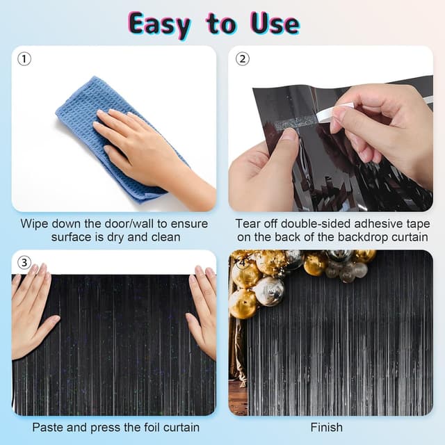 Detalle de KERNOWO Lametta-Vorhang Schwarz Glitzer – 2er Set (2,5 m) für Party, Geburtstag & Deko-Events