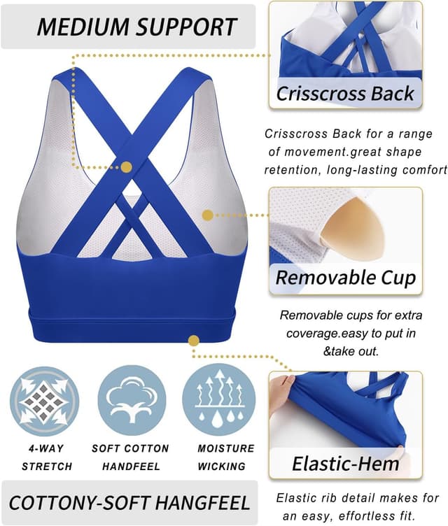 Detalle 2 de RUNNING GIRL Women’s Padded Strappy Sports Bra with Criss-Cross Back and Removable Cups