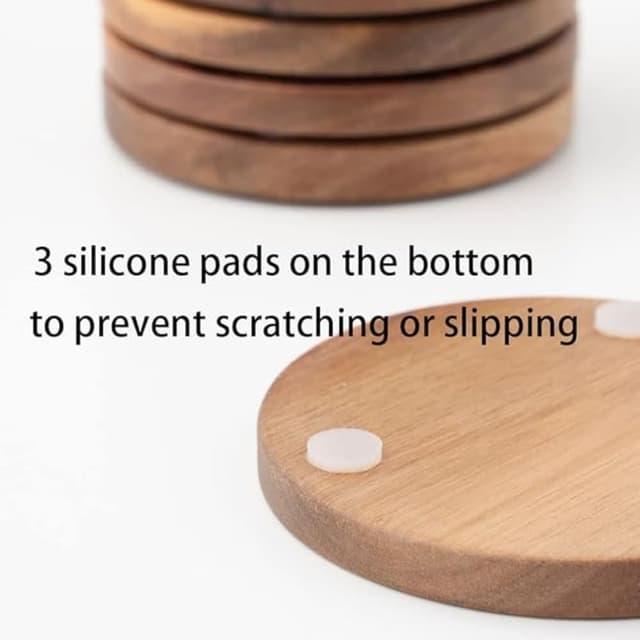 Detalle de WLWNWFT Acacia Wood Coasters Set of 6 with Holder (Black) – Round coasters with non-slip pads