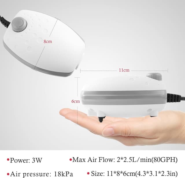 Detalle de PYPABL 3W Aquarium Air Pump (300L/H) – Silent Adjustable Bubbler for Fish & Turtle Tanks