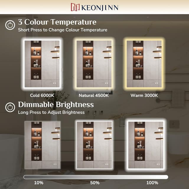 Detalle de Keonjinn Badspiegel mit Beleuchtung Rechteckig 50x70 cm – LED mit Antibeschlag, 3 Lichtfarben & Dimmung