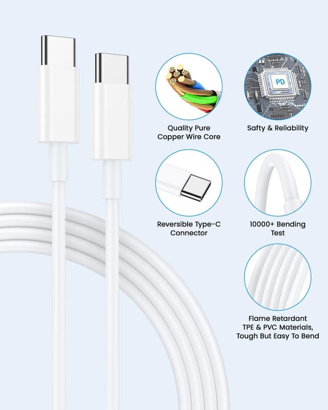 Detalle 2 de 2Pack chargeur rapide USB‑C 20W avec câble 2 m pour iPhone 17/16/15 Pro et iPad Pro/Air/Mini