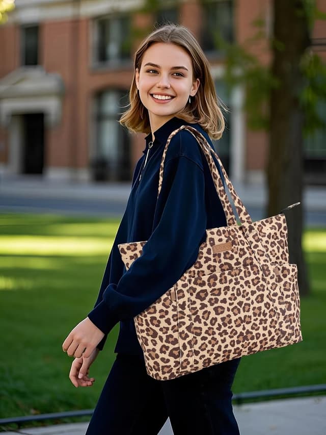 Detalle 2 de Lekespring Cord Tasche Damen – große Tote Bag mit Reißverschluss und Laptopfach bis 15,6 Zoll