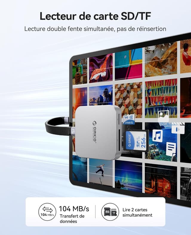 Detalle de ORICO Lecteur de cartes SD magnétique USB-C avec charge PD 100W et double emplacement SD/TF (3.0) – jusqu’à 104 Mo/s