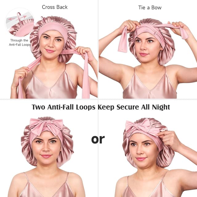 Detalle 2 de YFONG 100% 22 Momme Mulberry Silk Bonnet (Double Layer) — Non-Slip Sleep Cap Turban with Elastic Tie, Pink