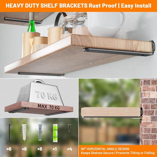 Detalle de HUAEU Heavy Duty L-Shaped Shelf Brackets (10cm) – 4 Pack Black, Wall-Mounted Supports