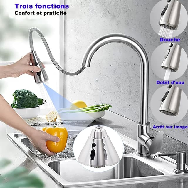 Detalle de XWIHTR robinet de cuisine extractible pivotant 360° en acier inoxydable à 3 modes
