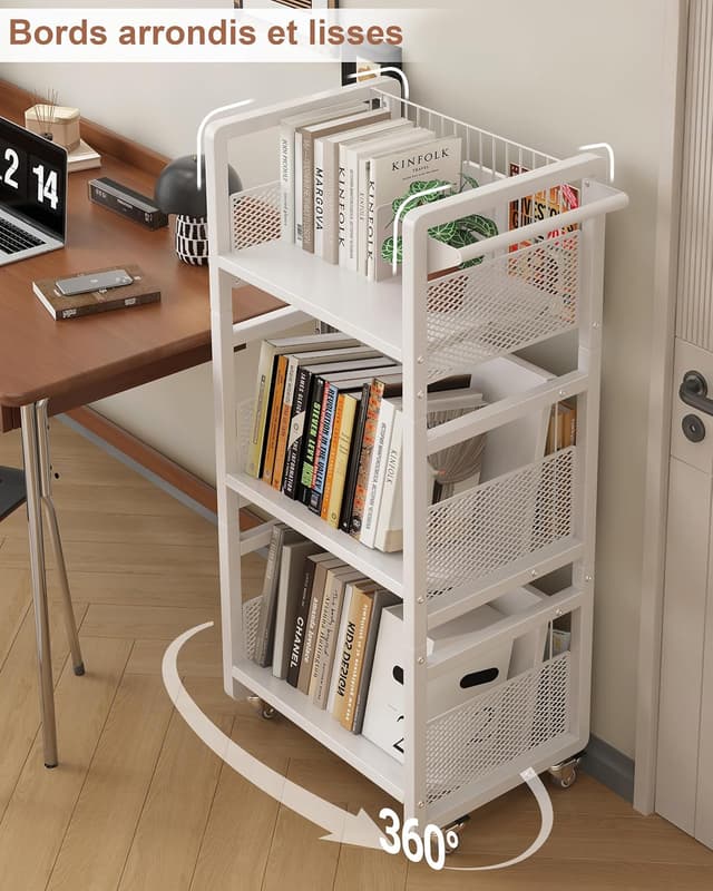 Thumbnail 6 de Chariot Livre Bibliothèque à roulettes avec 3 étagères mobiles (capacité 70 kg) et serre-livres magnétiques