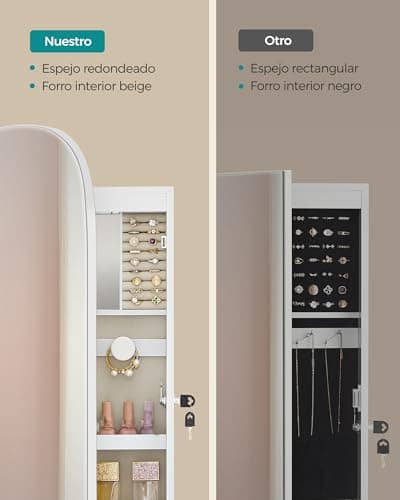 Detalle de SONGMICS JJC026W01: armario para joyas de pared con espejo, luz LED y cerradura
