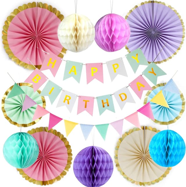 Detalle de Igone Pastel Birthday Party Decorations set: macaron banner, bunting, paper fans, pom poms & honeycomb balls