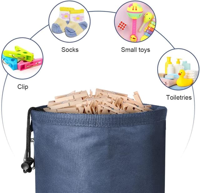 Detalle de Vicloon Borsa per mollette con gancio e chiusura a cordoncino, capacità fino a 200 mollette (blu navy)