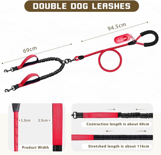 Detalle de Blanlody Double Dog Lead for Walking 2 Dogs (No-Tangle) with 360° Swivel, Reflective Bungee and Padded Handles