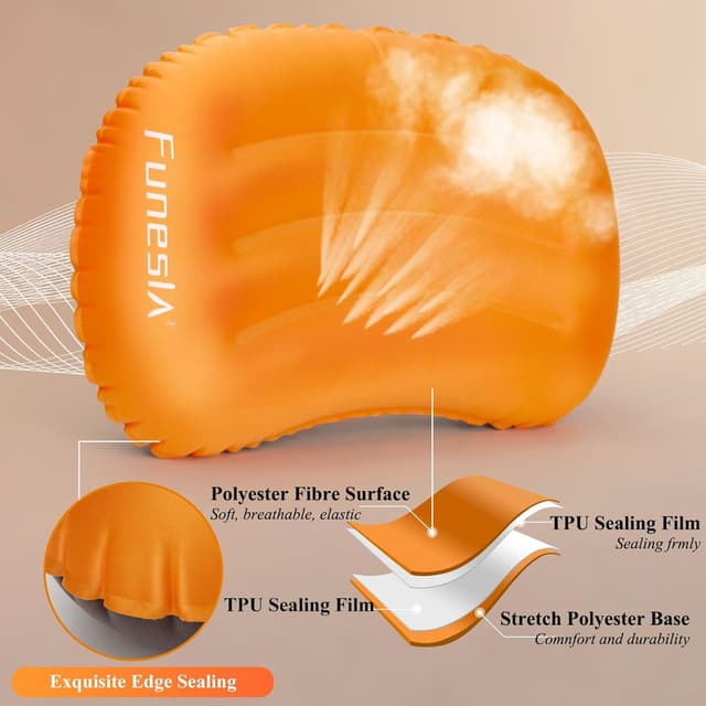 Detalle 2 de Funesla Camping Pillow Inflatable (Compressible, Lightweight) – Backpacking, Hiking & Travel Pillow, Beach-Orange