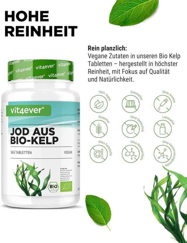 Detalle de vit4ever Bio Kelp mit natürlichem Jod (200 µg) – 365 Tabletten, vegan
