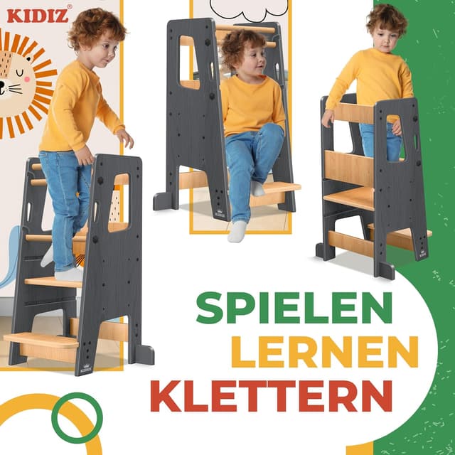 Detalle de KIDIZ® Lernturm für Kinder ab 1 Jahr inkl. Lernuhr – höhenverstellbarer Montessori Learning Tower bis 50 kg