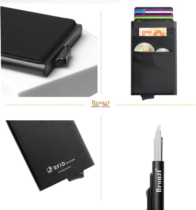 Detalle de Bronzi Portafoglio Slim Piccolo con protezione RFID e portamonete (nero) – portacarte uomo/donna