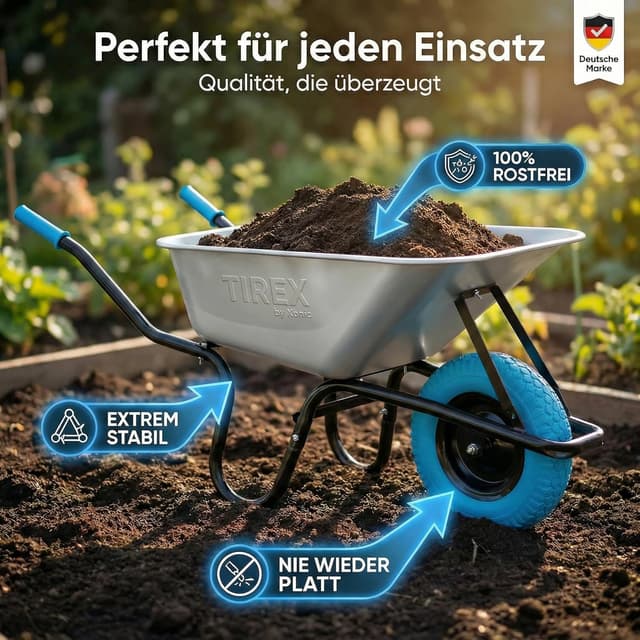 Detalle de TIREX by xonic Schubkarre mit Stahlfelge – verzinkte Wanne bis 250 kg / 100 l, PU-Vollgummi-Rad (Blau/Silber)