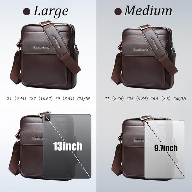 Detalle de Leathario men’s vegan leather shoulder bag (small messenger, cross body) for work, travel and daily use