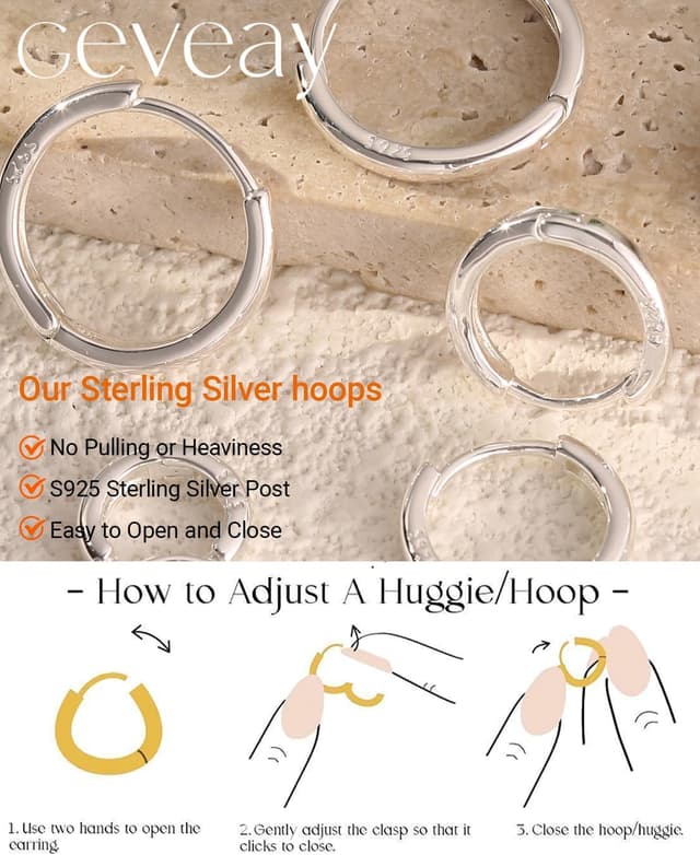 Detalle de Geveay sterling silver hoop earrings set for women (5 pairs) – small huggies, helix and cartilage sizes