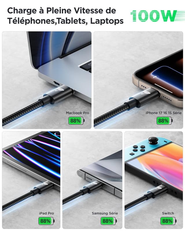 Thumbnail 6 de Aioneus câble USB-C vers USB-C 100 W (5 A), charge rapide et transfert jusqu’à 480 Mbps, 2 m