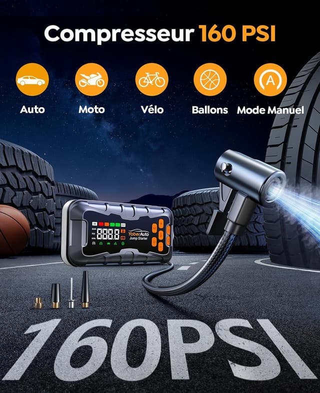 Detalle de YaberAuto AP03 16 en 1 : booster batterie 12V 8000A avec compresseur 160 PSI et batterie 27000 mAh