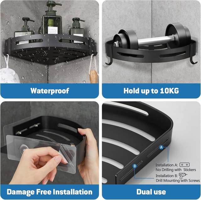 Detalle de GRICOL Étagère de douche d’angle sans perçage en métal noir avec 2 crochets