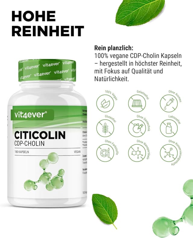 Detalle de vit4ever CDP-Cholin (Citicolin) 250 mg – 180 Kapseln, vegan