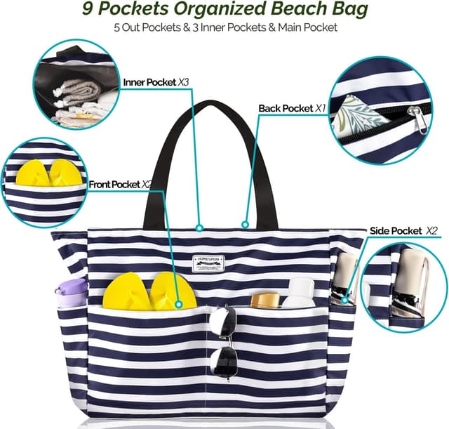 Thumbnail 6 de HOMESPON Large Waterproof Beach Tote Bag (Blue Stripes) with Zip & Pockets, Foldable