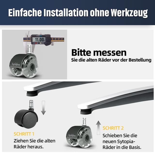 Thumbnail 6 de Sytopia Bürostuhl Rollen 70 mm, 5er-Set (Stift 11×22 mm) für Hartböden, Parkett & Teppich – leise, weich und bodenschonend, schwarz
