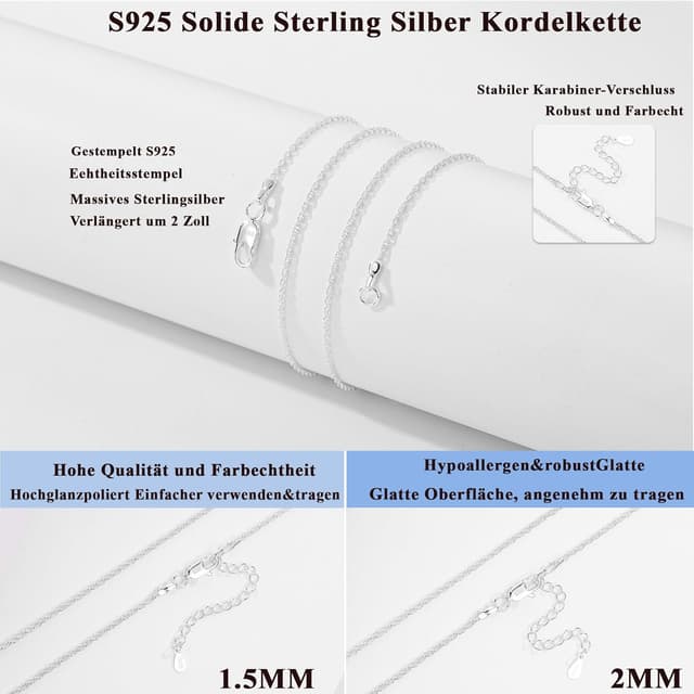 Detalle de Esrael 925 Sterling Silber Kordelkette/Curb Halskette für Damen (1,5 mm oder 2 mm) – inkl. 2-Zoll-Verlängerung