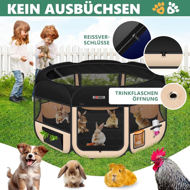 Detalle de LOVPET Welpenlaufstall faltbar (Pop-up) für Kleintiere & Hunde/Katzen inkl. Hundenapf und Fleece-Decke, Schwarz/Beige