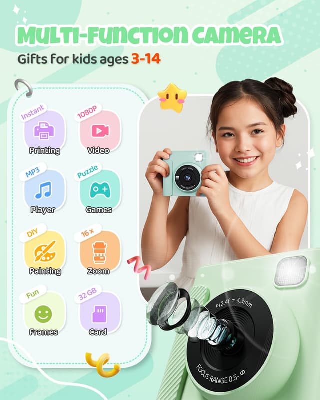 Detalle 2 de TIATUA Kids Instant Print Camera (Green) — 1080P HD Video Digital Camera with Print Paper & 32G Card