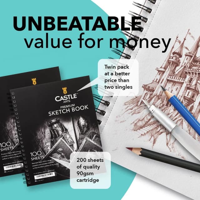 Detalle de Castle Art Supplies Premium-Skizzenbücher (9 x 12 Zoll) – Skizzenblock-Doppelpack mit 200 Blättern, 90 g/m² und Spiralbindung
