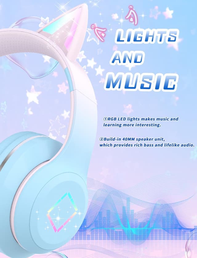 Detalle 2 de Xunpuls Bluetooth Kids Headphones with Cat Ear LED, Foldable Wireless Over-Ear (Blue)