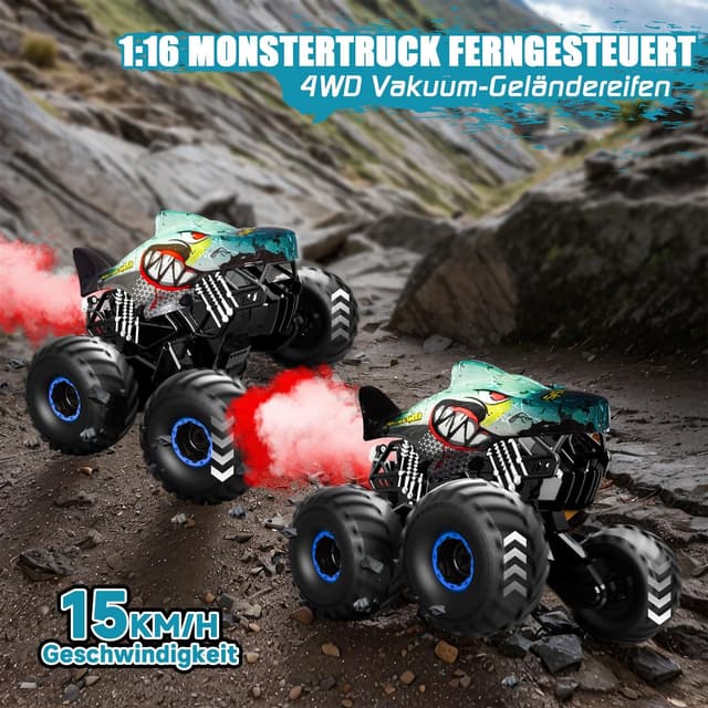 Detalle de Ferngesteuertes Auto 1/16 Monstertruck mit Stomp, Spray, Licht & Musik – Hai-Monstertruck (15 km/h, 360°-Drehung, 4WD)